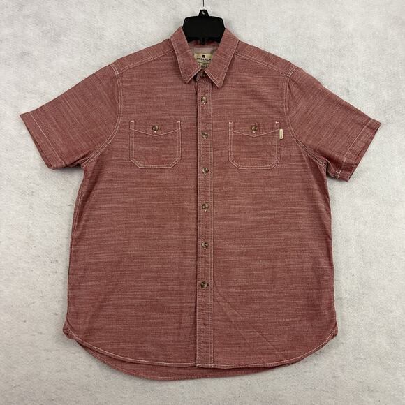 WOOLRICH Shirt Mens Large Red Chambray Short Sleeve Casual Button Up Gorpcore - Picture 6 of 11